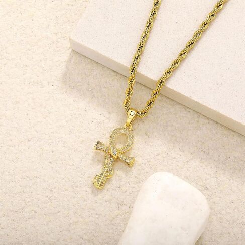 قلادة Jinao Ankh Cross للرجال 14K مطلي بالذهب - Snake ملفوف رمز مصري صليب مع Zirconia 5A ، 24 "سلسلة حبل المجوهرات الرجال in Kuwait