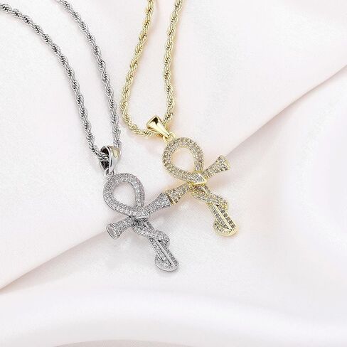 قلادة Jinao Ankh Cross للرجال 14K مطلي بالذهب - Snake ملفوف رمز مصري صليب مع Zirconia 5A ، 24 "سلسلة حبل المجوهرات الرجال in Kuwait