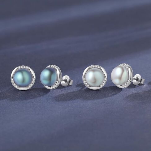 YAMI Sterling Silver Natural Cultured Pearl Earrings for Women, Black/White/Pink/Grey Pearl Stud Earrings 8MM, Hypoallergenic Jewelry Gifts for Mother Wife Her in Saudi Arabia