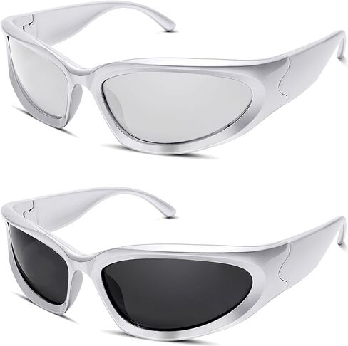 knliwkm 2 Pairs Y2K Wrap Around Sunglasses Sports Futuristic Oval Glasses for Women Men Trendy Fashion Shades Silver in Saudi Arabia