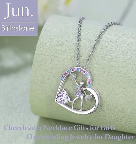 Birthstone Cheerleader Necklace Gifts for Girls Heart Rainbow Cheerleading Cheering Jewelry Pendant Sport Cheer Birthday Gifts for Kids Little Girl Daughter Granddaughter in Saudi Arabia