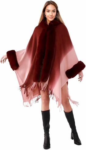 Women Hooded Poncho Cape Faux Fur Trim Shawl Wrap with Tassel Faux Fur Collar Cardigan Cloak for Party Evening in Kuwait