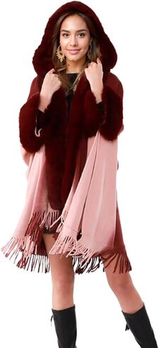 Women Hooded Poncho Cape Faux Fur Trim Shawl Wrap with Tassel Faux Fur Collar Cardigan Cloak for Party Evening in Kuwait