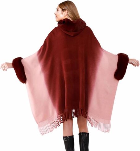 Women Hooded Poncho Cape Faux Fur Trim Shawl Wrap with Tassel Faux Fur Collar Cardigan Cloak for Party Evening in Kuwait