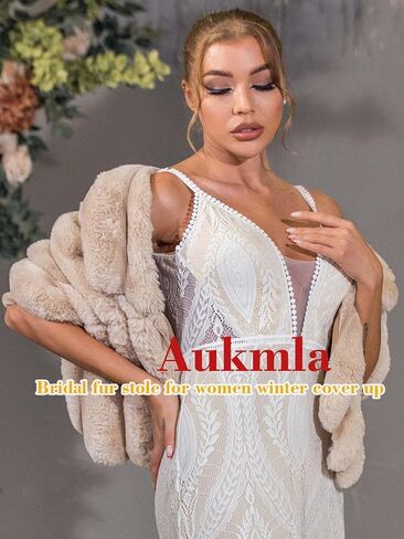 Aukmla Women Wedding Faux Fur Shawls and Wraps Bridal Fur Stoles Scarfs with Rhinestones Brooch for Bride and Bridesmaids in Saudi Arabia