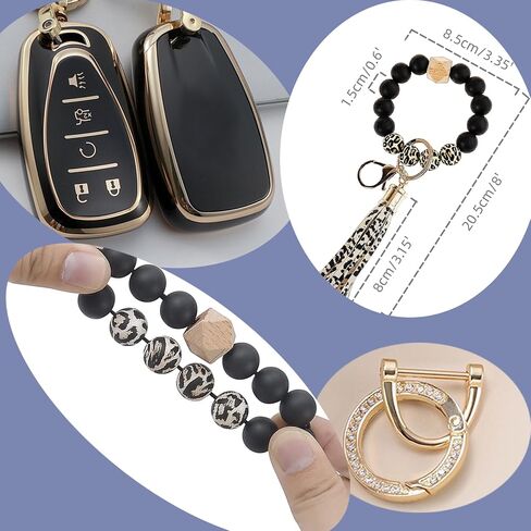 Smart Key Fob Cover Case With diamond Key Chain and Bracelet Key Holder Fits for Chevy Equinox Malibu Cruze Tahoe Camaro Traverse Blazer Volt Bolt 5 Buttons (Black) in Saudi Arabia