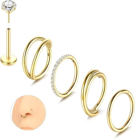 Aumeo 20G 18G 16G Nose Rings Hoops 316L Surgical Steel Double Hoop Nose Ring Septum Rings Threadless Nose Stud Tragus Helix Cartilage Daith Piercing Jewelry Silver Gold 7mm 8mm 9mm in Saudi Arabia