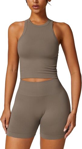 Womens Workout Sets Racer-back Tank Top Matching High Waist Biker Shorts Gym Yoga Jogger Outfits Work Out Clothes in Saudi Arabia