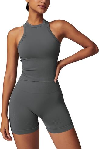 Womens Workout Sets Racer-back Tank Top Matching High Waist Biker Shorts Gym Yoga Jogger Outfits Work Out Clothes in Saudi Arabia