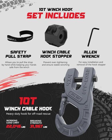 3/8" Tow Winch Hook with Cable Stopper, 10T Winch Hook, Upgrade Heavy Duty Forged Steel Winch Hook, 31967lbs Max Strength, Clevis Clip Hook Set for Synthetic Rope, UTV, ATV, Off-Road, Gray in Saudi Arabia