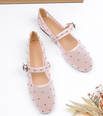 Mesh Ballet Flats Shoes for Women Comfortable Studded Mary Jane Shoes Ballerina Buckle Strap Business Office Work Dress Shoes in Kuwait