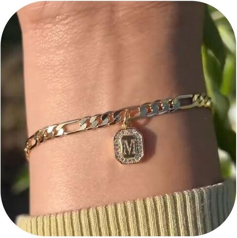 JUNVirtuous 𝐓𝐢𝐤 𝐓𝐨𝐤 𝐏𝐨𝐩𝐮𝐥𝐚𝐫 Gold Initial Bracelet for Women Mens Dainty Couples 14K Gold Plated Letter Bracelets for Women Non Tarnish Filled Gold Charm Bracelet Trendy in Saudi Arabia
