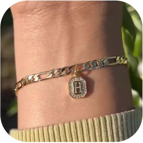 JUNVirtuous 𝐓𝐢𝐤 𝐓𝐨𝐤 𝐏𝐨𝐩𝐮𝐥𝐚𝐫 Gold Initial Bracelet for Women Mens Dainty Couples 14K Gold Plated Letter Bracelets for Women Non Tarnish Filled Gold Charm Bracelet Trendy in Saudi Arabia
