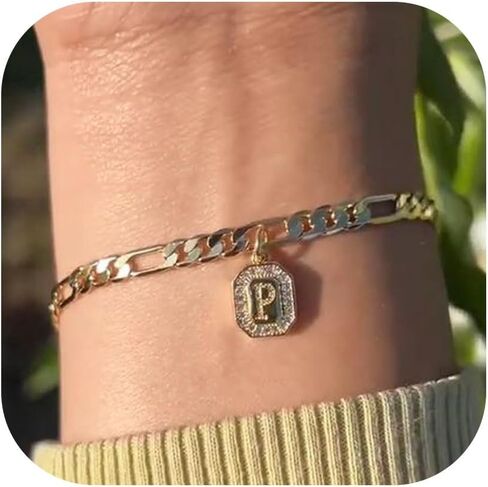 JUNVirtuous 𝐓𝐢𝐤 𝐓𝐨𝐤 𝐏𝐨𝐩𝐮𝐥𝐚𝐫 Gold Initial Bracelet for Women Mens Dainty Couples 14K Gold Plated Letter Bracelets for Women Non Tarnish Filled Gold Charm Bracelet Trendy in Saudi Arabia
