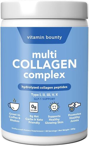 Vitamin Bounty Multi Collagen Complex - Hydrolyzed Collagen Peptides Types I, II, III, V & X - Supports Skin Elasticity, Joint Health, Hair & Nail Growth - 28 Servings in Saudi Arabia