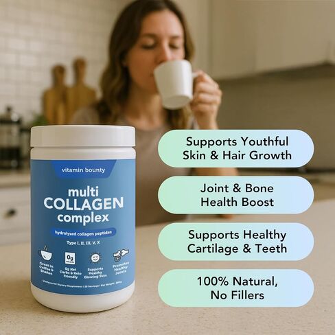 Vitamin Bounty Multi Collagen Complex - Hydrolyzed Collagen Peptides Types I, II, III, V & X - Supports Skin Elasticity, Joint Health, Hair & Nail Growth - 28 Servings in Saudi Arabia