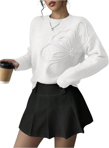 Verdusa Women's Spring 3D Flower Appliques Crewneck Sweaters Long Sleeve Drop Shoulder Pullovers Knit Going Out Tops in Saudi Arabia