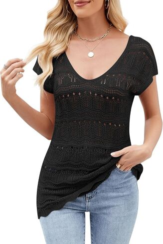Summer Crochet Tops for Women Short Sleeve V Neck Casual Tank Top Hollow Out Shirts Sweater Vest in Saudi Arabia