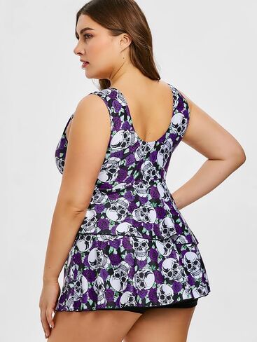 Rosegal Plus Size Women 2 Piece Swimsuit Skull Rose Print Layered Tankini Swimwear in Saudi Arabia