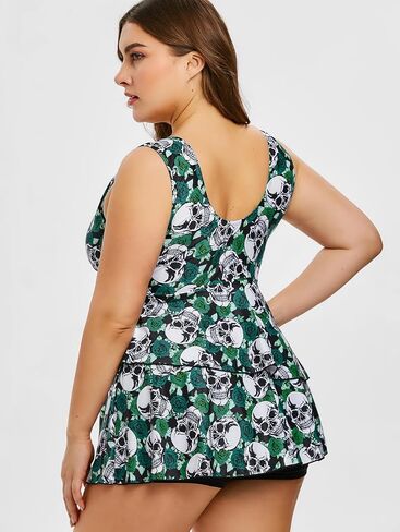Rosegal Plus Size Women 2 Piece Swimsuit Skull Rose Print Layered Tankini Swimwear in Saudi Arabia