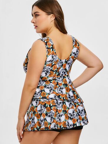 Rosegal Plus Size Women 2 Piece Swimsuit Skull Rose Print Layered Tankini Swimwear in Saudi Arabia