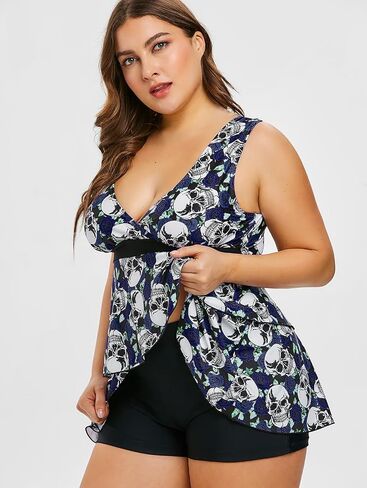 Rosegal Plus Size Women 2 Piece Swimsuit Skull Rose Print Layered Tankini Swimwear in Saudi Arabia