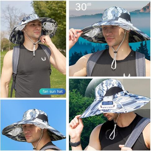 Sun Hat with 2 Solar Fans, Mens Summer UV Protection Wide Brim Fishing Cowboy Hats, Fisherman Hat for Beach Garden Outdoor Sports, USB Charging Navy. in Kuwait