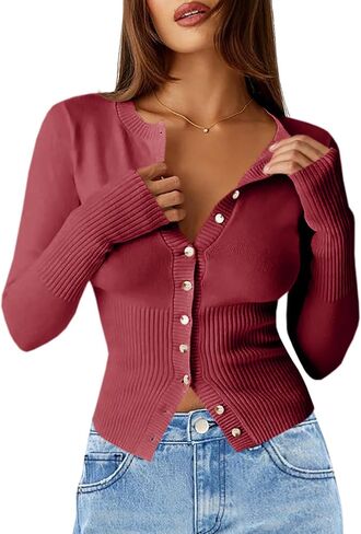 Saodimallsu Womens Slim Fit Swatigan Sevel Sexy Button Butric Neck Fall Fall Trendy Metendy Long Sleeve Loved Open Open Pront in Saudi Arabia