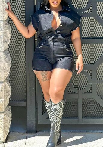 Molisry Women's Summer Denim Rompers Short Sleeve Shirt Top V-Neck Elastic Waist Mini Jean Shorts Jumpsuit Streetwear in Saudi Arabia