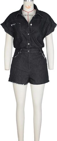 Molisry Women's Summer Denim Rompers Short Sleeve Shirt Top V-Neck Elastic Waist Mini Jean Shorts Jumpsuit Streetwear in Saudi Arabia
