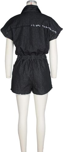 Molisry Women's Summer Denim Rompers Short Sleeve Shirt Top V-Neck Elastic Waist Mini Jean Shorts Jumpsuit Streetwear in Saudi Arabia