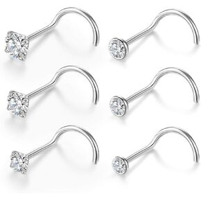 20G Nose Rings Titanium Nose Studs Cubic Zirconia Straight Nose Piercing Jewelry Hypoallergenic Nose Rings Studs for Women Men 6pcs set Silver