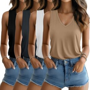 Riyiper 4 Pack Women's Tank Tops 2025 V Neck Shirts Casual Sleeveless Loose Fit Cotton Summer Basic Tee