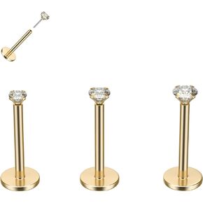 B BodyPJ Sparkles 16G-20G Nose Ring Push-in Threadless Labret Stud Earring with Crystal Zircon, G23 Titanium, 3Pcs