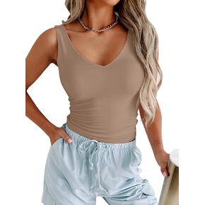 PINKMSTYLE Womens Basic V Neck Tank Tops Double Lined Fitted Summer Tops Cute Sleeveless Shirts
