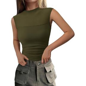 PRETTYGARDEN Women's Sheer Mesh Tank Tops 2025 Summer Trendy Casual Mock Neck Sleeveless Ruched Slim Fitted Going Out Shirts