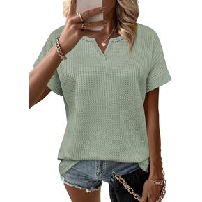 Waffle Knit Tops for Women V Neck Short Sleeve Casual Shirts Loose Summer Tunic Tops Blouses