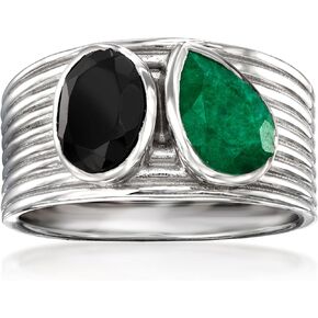 Ross-Simons Onyx and 1.30 Carat Emerald Toi Et Moi Ring in Sterling Silver. Size 6