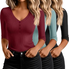 Ficerd 3 Pack Women's 3/4 Sleeve Henley Shirts, Cotton V Neck Ribbed Knit Slim Fit Shirts Tight Basic Tee