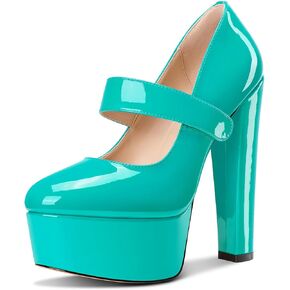 Saekcted Womens Block Chunky High Heel Platform Heel Round Toe Pumps Mary Jane Party Prom Dress Patent Leather 5.9 Inches Heels