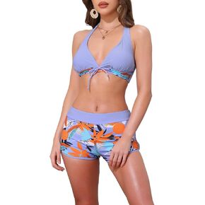 Women's Leaf Print Color Block Bikini Sets, 2 Piece Halter Top Boyshorts Bottom Swimwear Bathing Suits