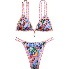 COZYEASE Women's 2 Piece Graphic String Bikini Sets Tie Back Wireless Cheeky Bathing Suit Boho Swimsuit