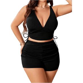 SOLY HUX Women's Plus Size Bikini Set Criss Cross Drawstring High Waisted Bathing Suit 2 Piece Swimsuit