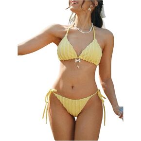 MakeMeChic Women's Bikini Set Textured Halter Triangle Tie Side String Swimsuits Bathing Suits