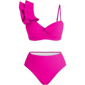 ZAFUL Women High Waisted Bikini Set Solid Color Splice Ruffled Twist 2 Piece Swimwear Summer Beach Bathing Suit