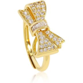 18K Gold Plated Bow Ring for Women Cubic Zirconia Bow Tie Adjustable Open Ring Statement Jewelry