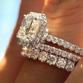 925 Sterl925 Sterling Silver Shiny Full Diamond Zircon Rings Three Sets of Rings Cushion Cut 4ct Zircon Diamonds Stone Engagement Wedding Band Ring Size 6