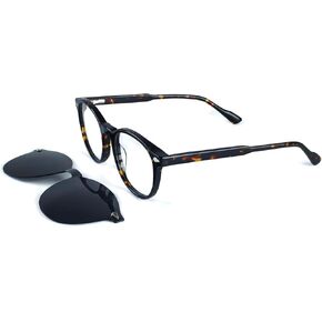 2-in-1 Retro Magnetic Eyeglasses Round Acetate Frame with Clip-On UV Lens Outdoor Sunglasses