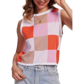 Womens Tank Sleeve Crop Tops Summer Color Block Going Out Crew Neck Knit Trendy Casual Sweater Orange Pink