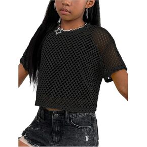 Floerns Girl's Knit Mesh Short Sleeve Y2k T Shirts Crew Neck Street Crop Tops